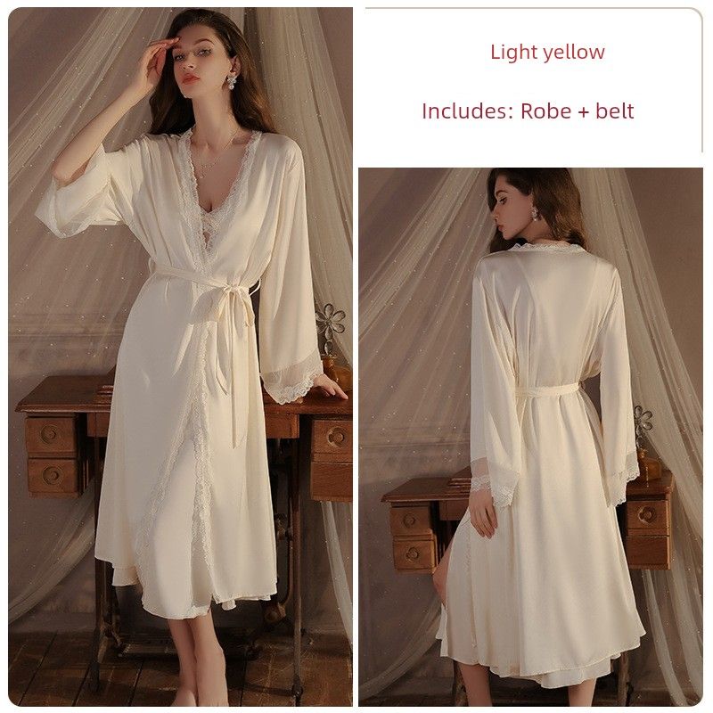 Good Morning with You: Retro French Slip Nightdress Long with Chest Pad Palace Style Pure Desire Ice Silk Pajamas Spring & Fall Women