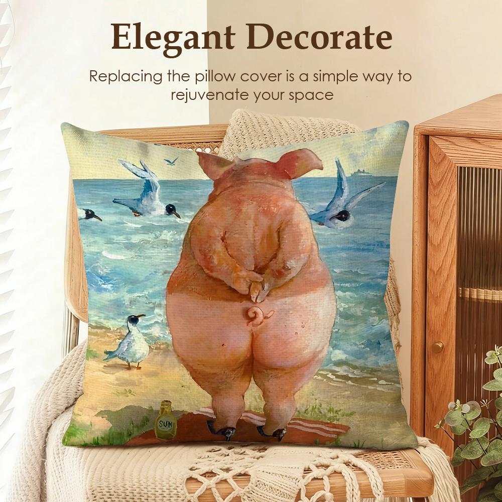 Cuscino Decorativo Amici Maialini Carini Divertenti Copricuscino Lino Naturale Tessuto Biologico Stampa Double Face Divano Arredamento Casa Cuscino Regalo
