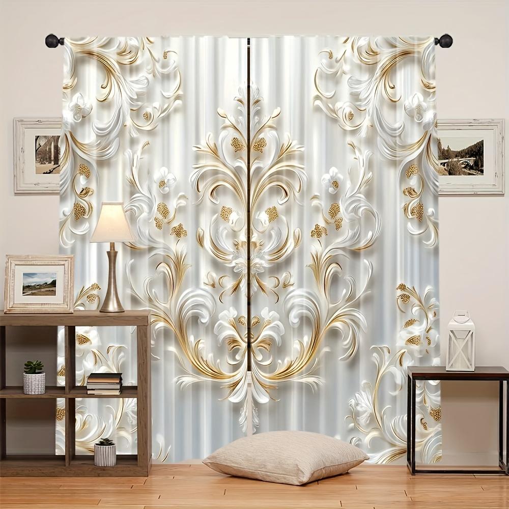 2pcs Artistic Floral Print Polyester Curtains with Gold Accents – for Living Room   Office & Study Decor