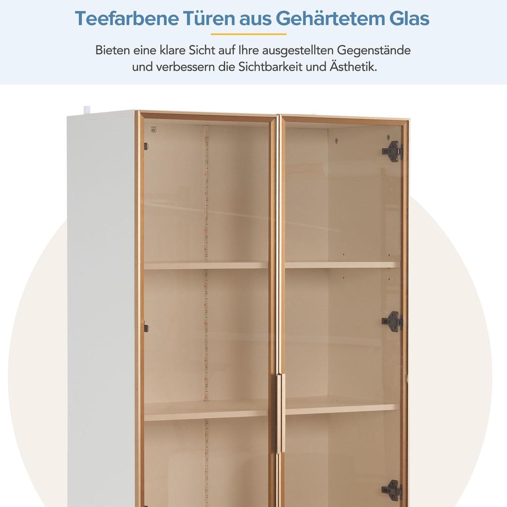 Glass Display Case LED Lighting, Two-Part White, Adjustable Shelves, 2 Drawers, Modern Bookcase Standing Display Case Office Cabinet