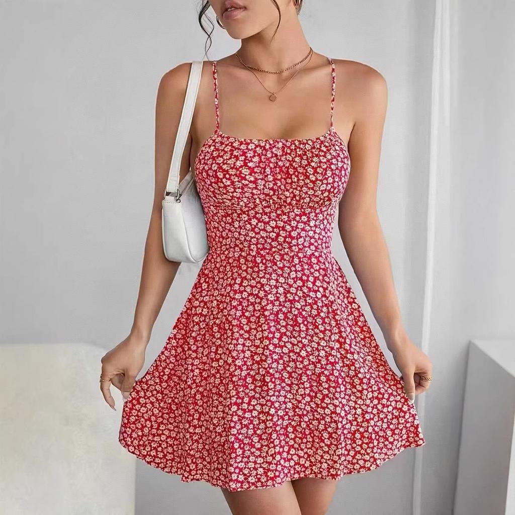 2026 European and American summer new fashion casual waist thin suspender backless printing sexy dress women