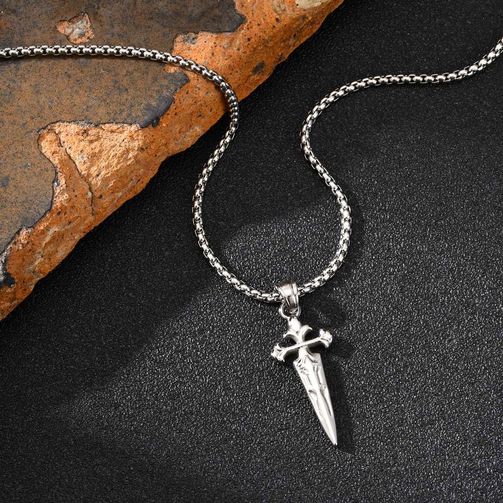 Fashion Punk Cross Sword Pendant Necklace for Men, Gold Silver Color Stainless Steel Chain Necklace, Creative Cool Jewelry