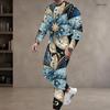 Men Plus Size Two Piece Set Round Neck Long Sleeve Printed Top Cuffed Pants Blue Black Gold Floral Tracksuit