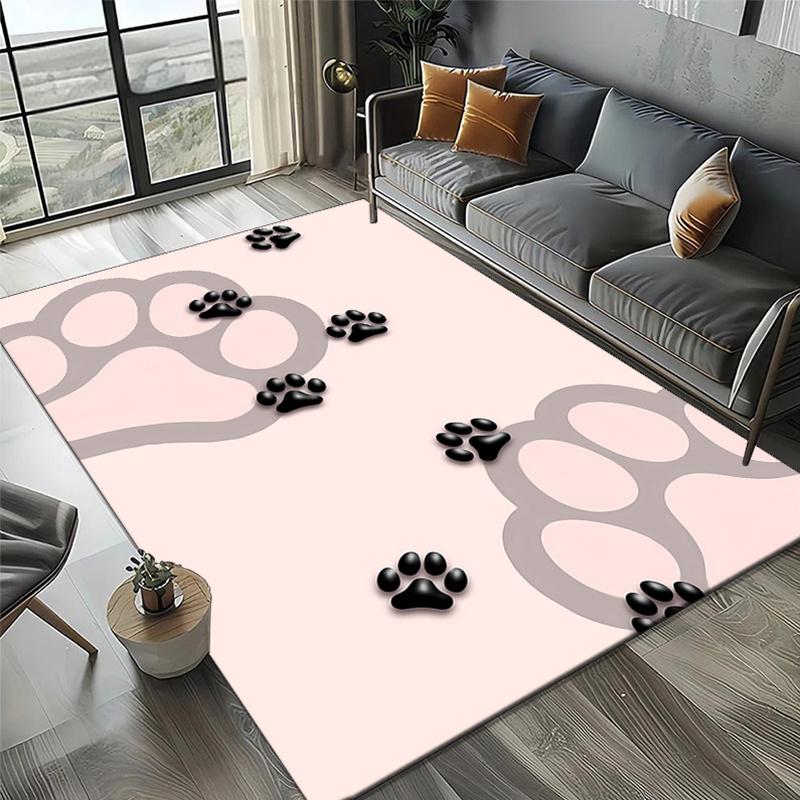 Crystal Velvet Puppy Paw Print Area Rug - Non-Slip, Soft Pink with Black & White Pads,  Polyester, Perfect for Bedro