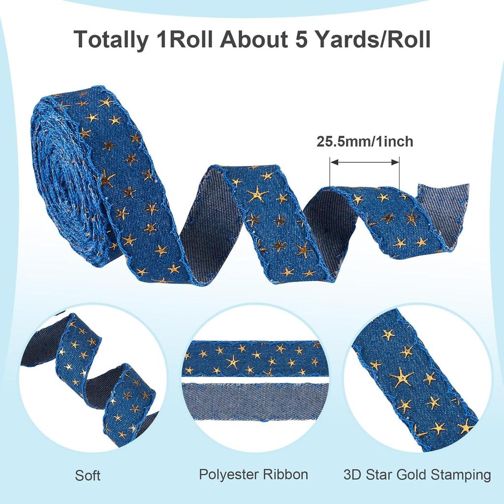 5 Yards Marine Blue Gold Foil Star Denim Ribbon for Clothes Accessories,3D Star Gold Stamping Jean Cloth Fabric Ribbon, 1 Inch Denim Cloth Ribbon for