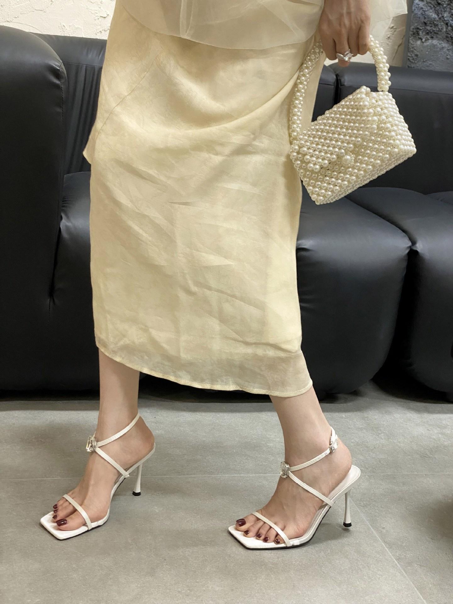 Sandals Spring Square Toe Thin Heel High Heel Elegant French Styleone-Strap Satin Rhinestone Open Toe Women S 35