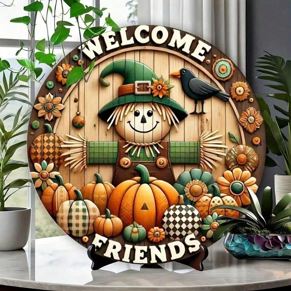 Charming Scarecrow Metal Wall Sign 7.8 Inch Intricate 2D Print Halloween Home Decor