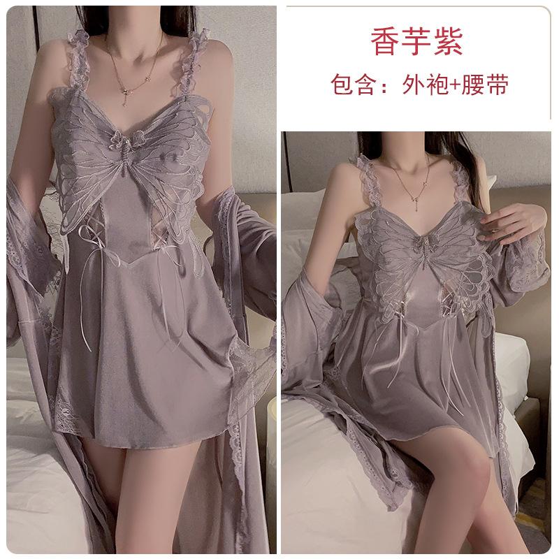 Women's Velvet Butterfly Deep V Padded Sleep Dress with Robe Lounge Set