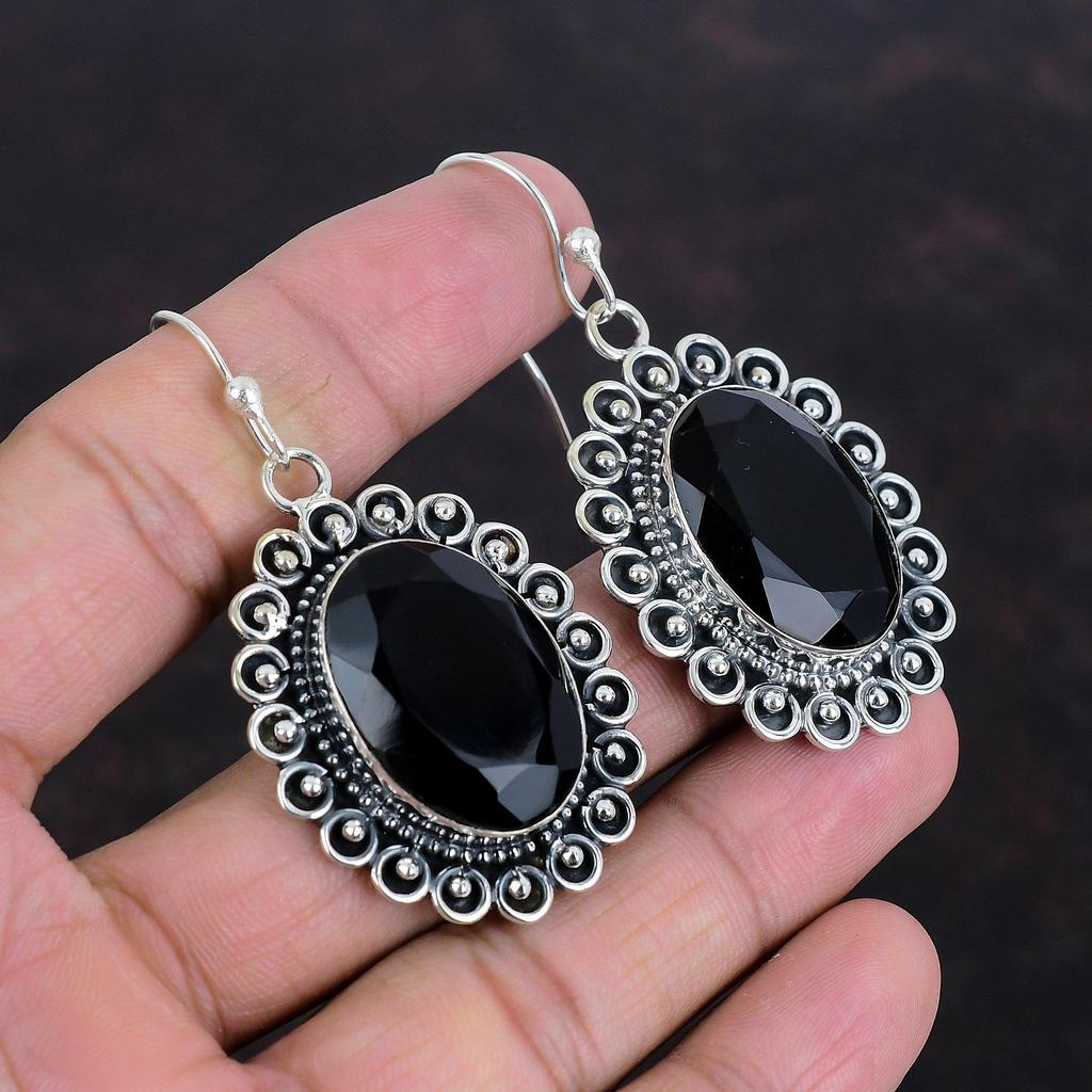 Faceted Black Onyx Earrings 925 Sterling Silver Earring Handmade Earrings Black Onyx Gemstone Jewelry Anniversary Gifts Unique Style Earring