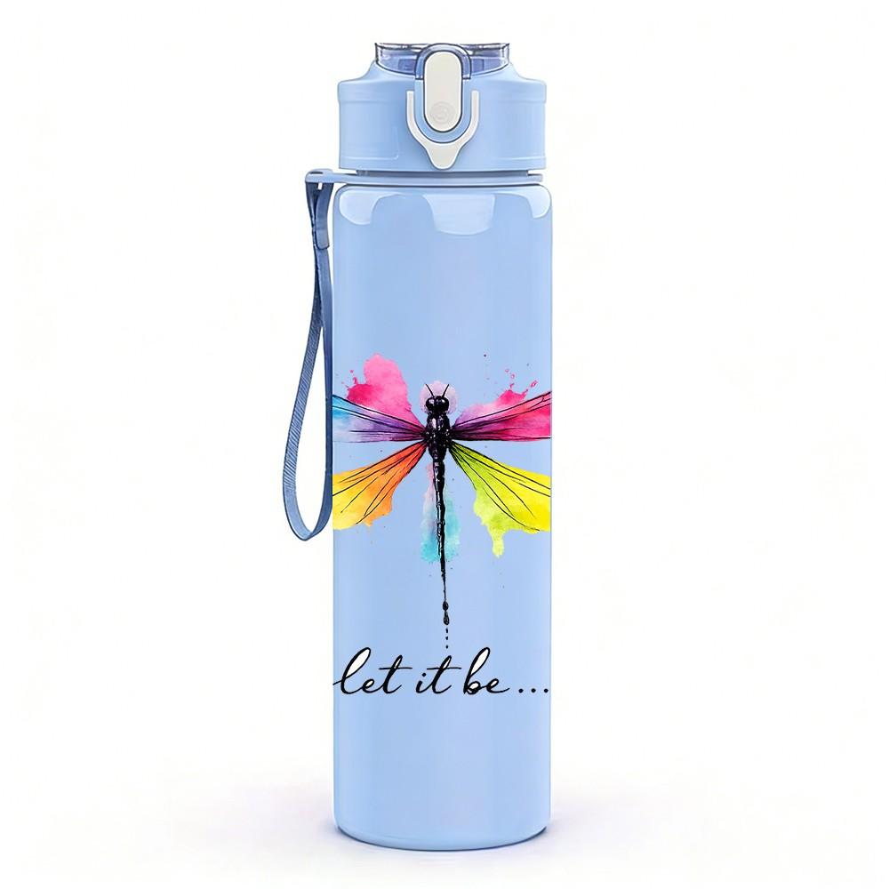 1PC Colorful Dragonfly Minimal Line Print 750ml Color Plastic Sports Water Bottle Leakproof Flip Straw Lid Suitable for Sports Office Home Use