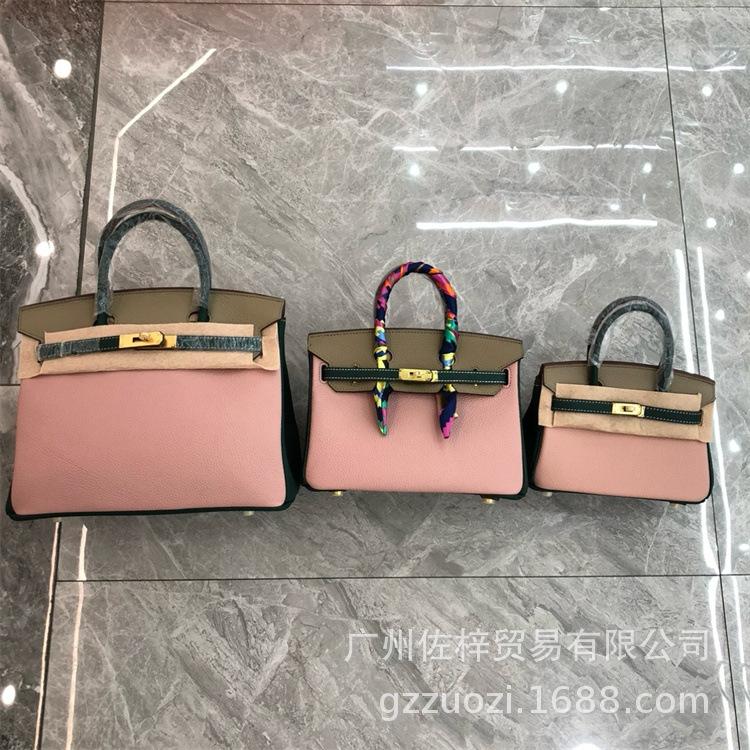 Cross-border Lychee Pattern Color Matching Platinum Bag Cowhide Women's Bag Contrasting Color Handbag Large Capacity Shoulder Crossbody Wedding Bag
