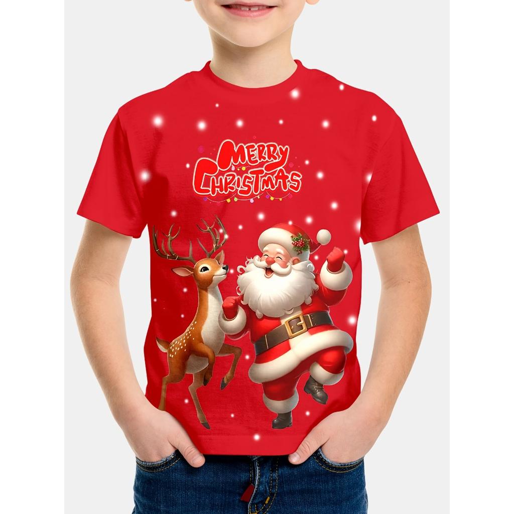 Boy 3d Red Christmas T-Shirt With Santa Claus And Reindeer Print - Casual Short-Sleeved Shirt Suitable For Holiday Celebrations