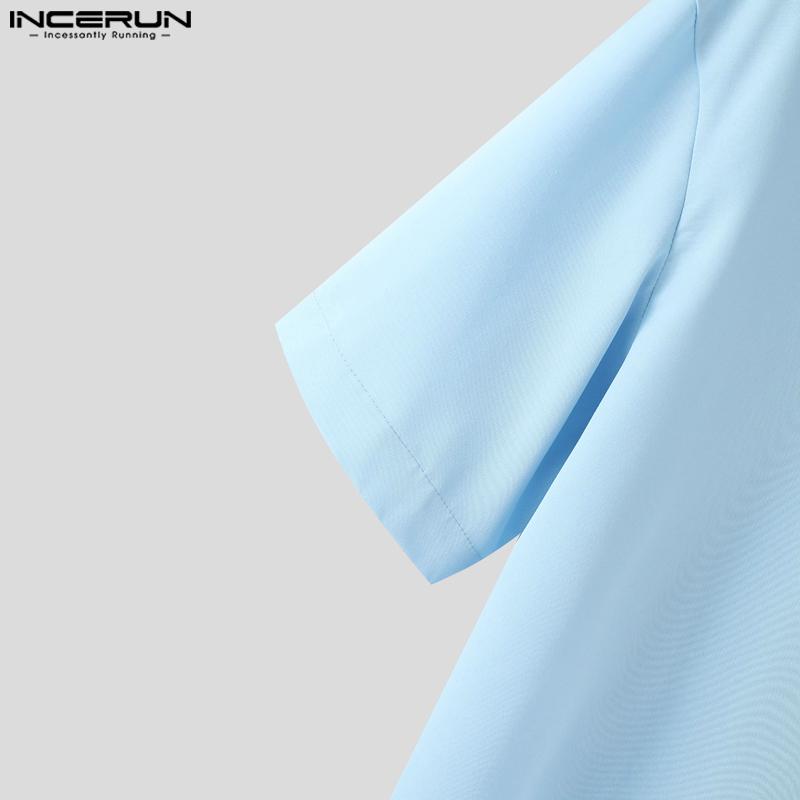 INCERUN Oversized Men Tie Neck Solid Color Buttons Casual Shirts