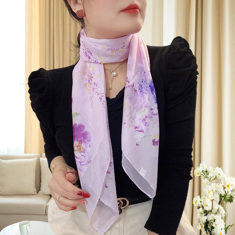 Grote 95cm Vierkante Koreaanse Zijde Chiffon Sjaal voor Dames - Bedrukte Nek- of Hoofddoek