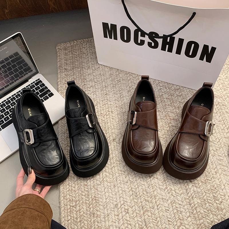 Platform leather loafers spring shallow mouth single shoes women's 2025 new women's shoes heightening black British style small leather shoes