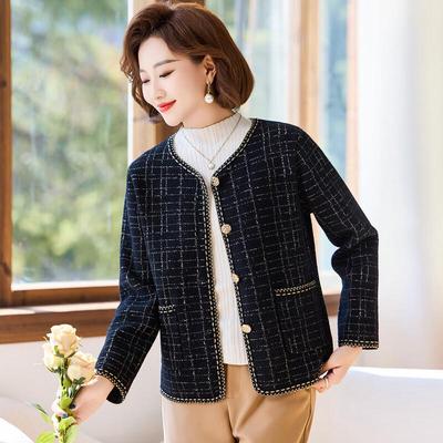 Cardigan en tricot à col rond et à carreaux pour femmes d'âge moyen Qianlian