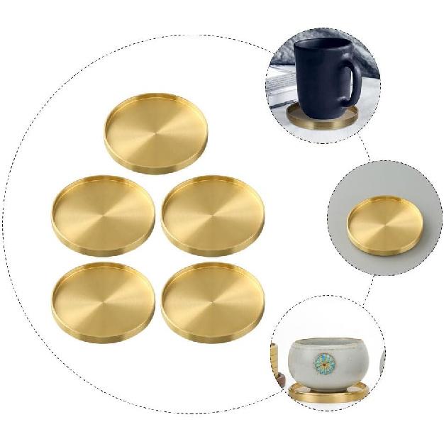 HEMOTON 5 Pack Round Coasters, 2.6 Inch Golden Brass Coasters for Drinks, Glass Cup Coasters Set, Protection Tabletop,Countertop and Surfaces from