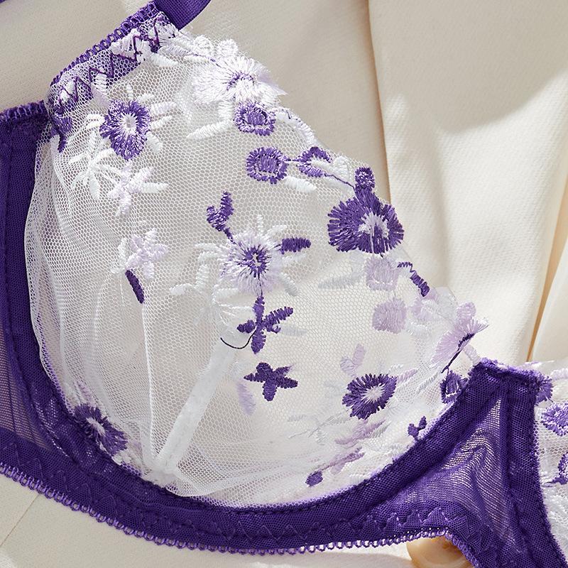 Purple French underwear pure desire wind sweet sexy mesh bra set sexy lace embroidered ultra-thin underwear