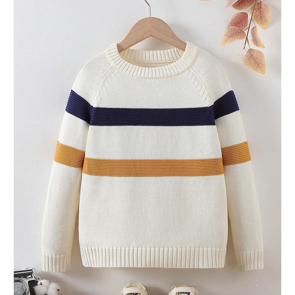 

Полосатый свитер с круглым вырезом для мальчиков, трикотажный пуловер с цветными блоками, топ с длинными рукавами для детей 5-12 лет, осенне-зимняя одежда 150 бежевый