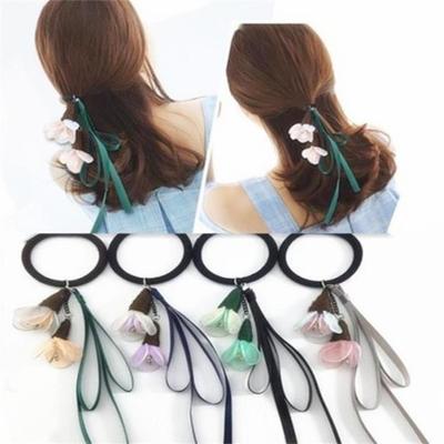 Women Girl Fashion Beautiful Flower Hair Band Ties Elastics Soft Rubber Ponytail Holders Band with Ribbon  Hair Accessories Great Christmas Gift
