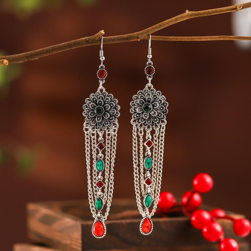 Vintage Exaggerated Long Crystal Tassel Earrings for Women Ethnic Multilayer Rhinestone Silver Color Geometric Earrings Jewelry