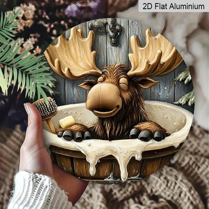 2D Flat, 1pc Round "Charming Moose Bathroom Theme" Aluminum Wall Sign, Funny Moose Bath Time Vintage Lodge Design, Durable Weatherproof Decor