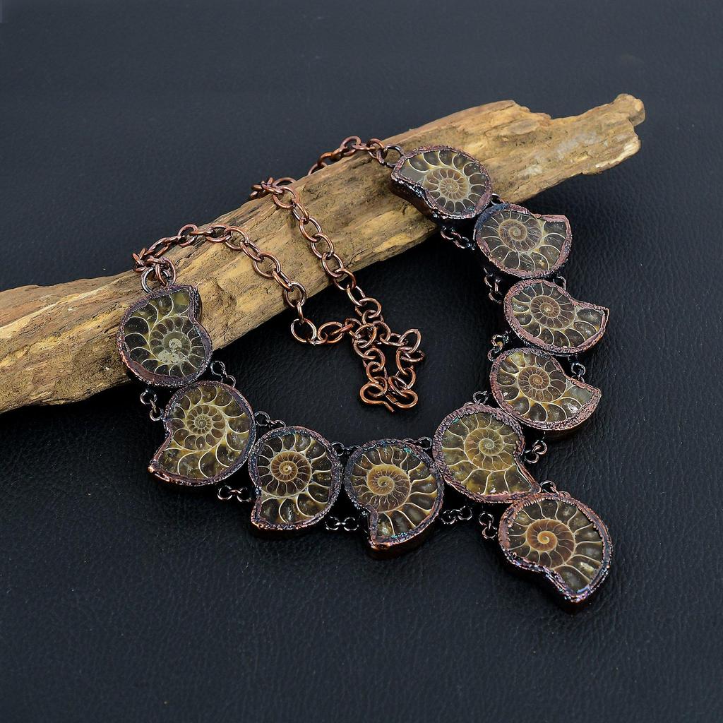 Ammonite Fossil Copper Electroformed Necklace with Adjustable Chain, Handmade Gemstone Jewelry Necklace For Memorial Day
