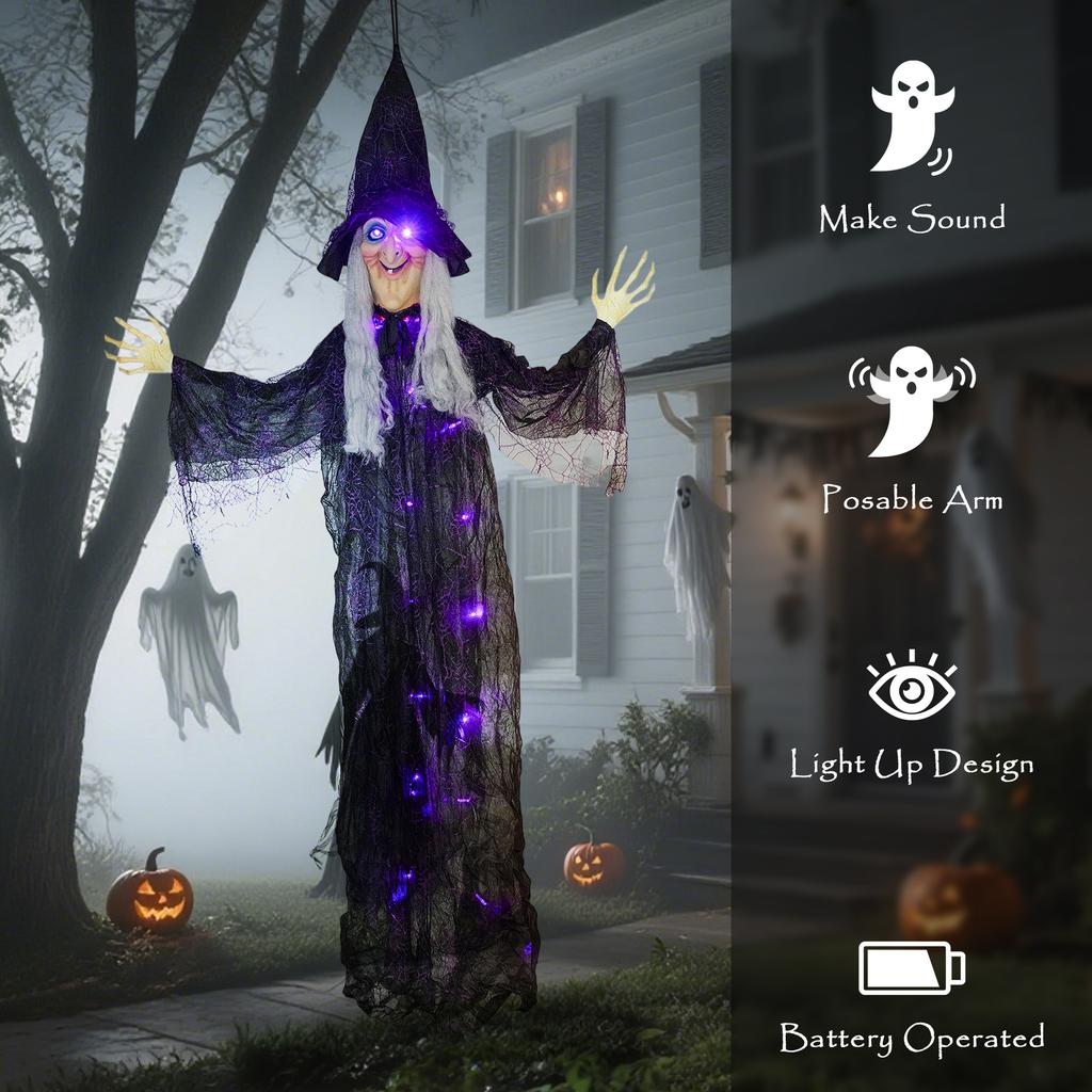 183 cm Life Size Halloween Animated Hanging Witch with Glowing LED Eyes & Body, Spooky Witch Scary Halloween Decorations, Battery Operated