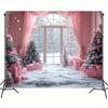 1pc polyester Christmas background with snow scene, pink curtains and holiday decorations - Winter holiday banner decoration
