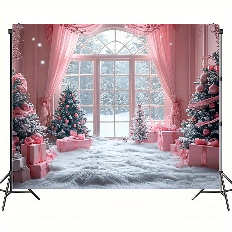 1pc polyester Christmas background with snow scene, pink curtains and holiday decorations - Winter holiday banner decoration