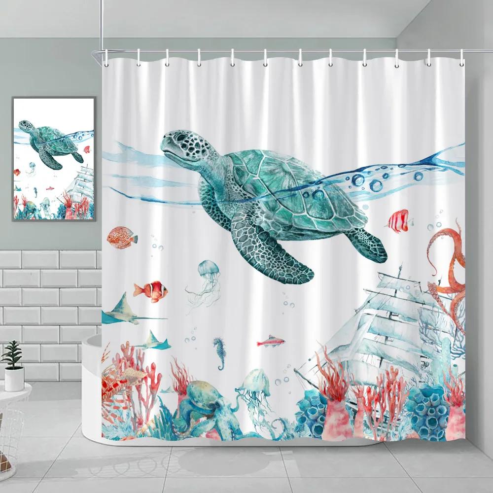 

Морская Зеленая Морская Черепаха Пляжная Тема Тканевый Набор Штор для Душа Ванная Комната Синий Океанский Декор с Люверсами и Крючками 120x180cm-47x70in