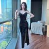 Elegant French V-Neck Spaghetti Strap Golden Velvet Slit Dress for Women - 2026 Autumn/Winter Collection