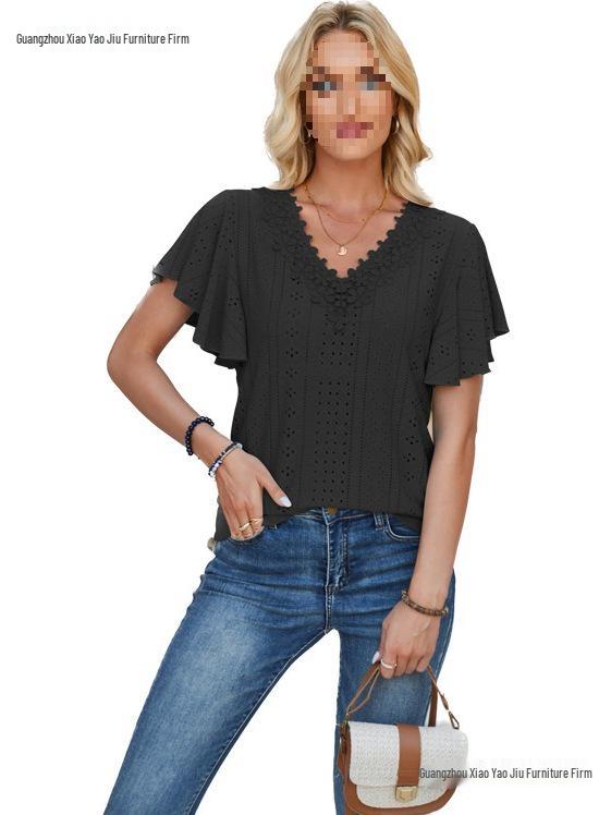 Spring/Summer Women's Lace V-Neck Ruffle Sleeve Loose T-Shirt
