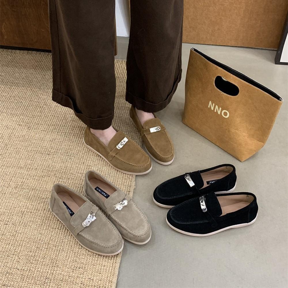 

2025 new round head metal buckle matte cowhide flat bottom lazy outer wear leisure college women s single shoes 40 верблюд