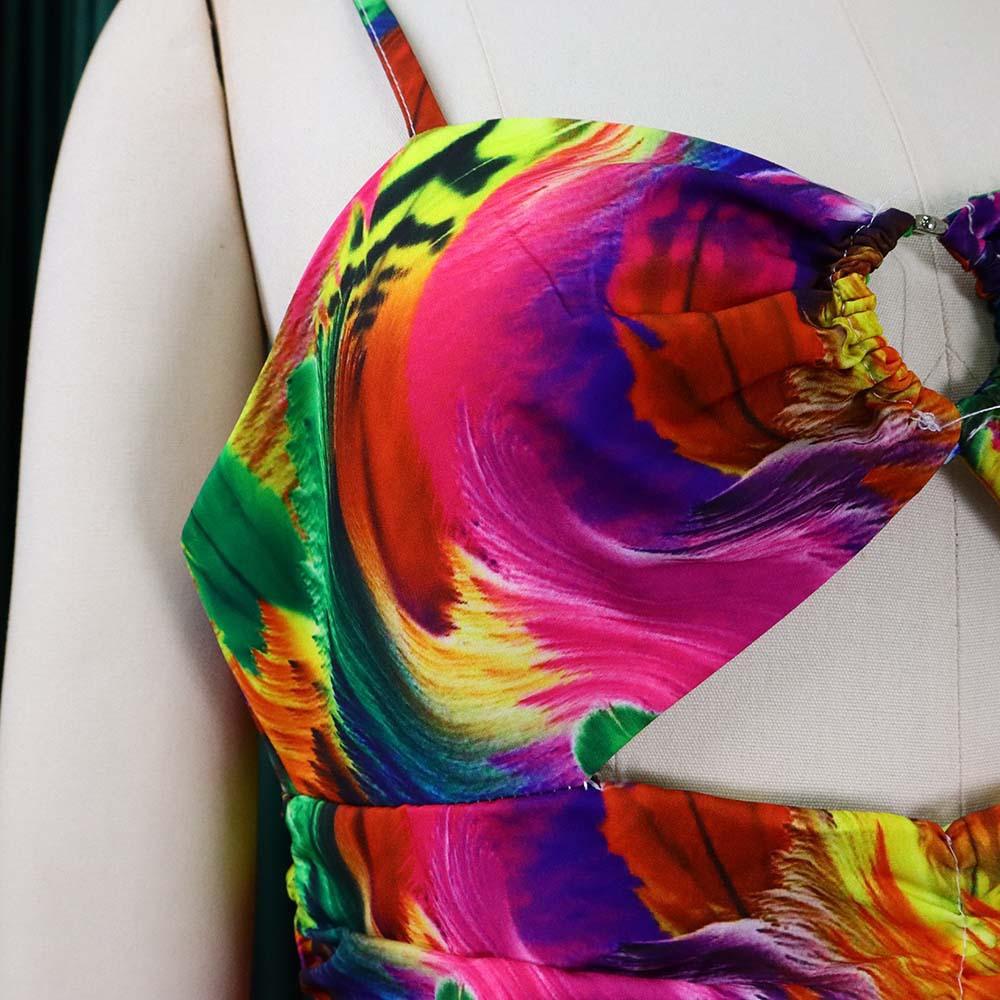 Women's Sexy Spaghetti Strap Colorful Print Maxi Dress, Backless Cut Out High Waist Tiered Beach Vacation Evening Party Gown