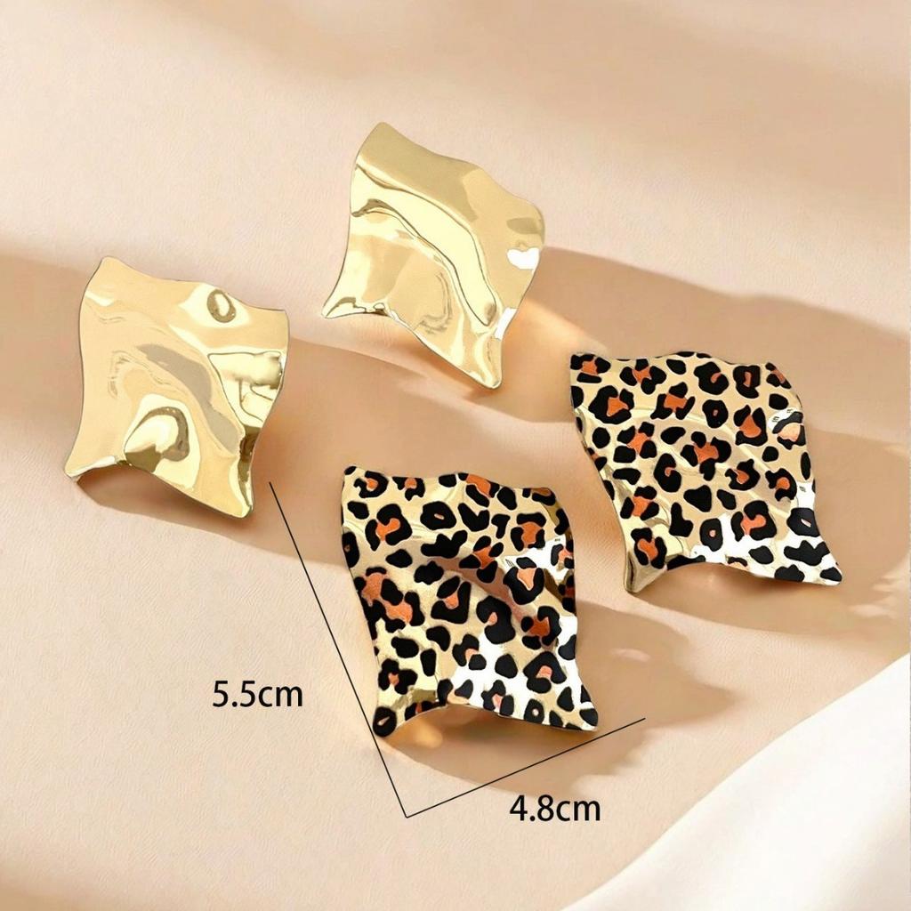 Square Twist Pleated Earrings Simple Fashion Metal Leopard Print Irregular Print Stud Earrings Female