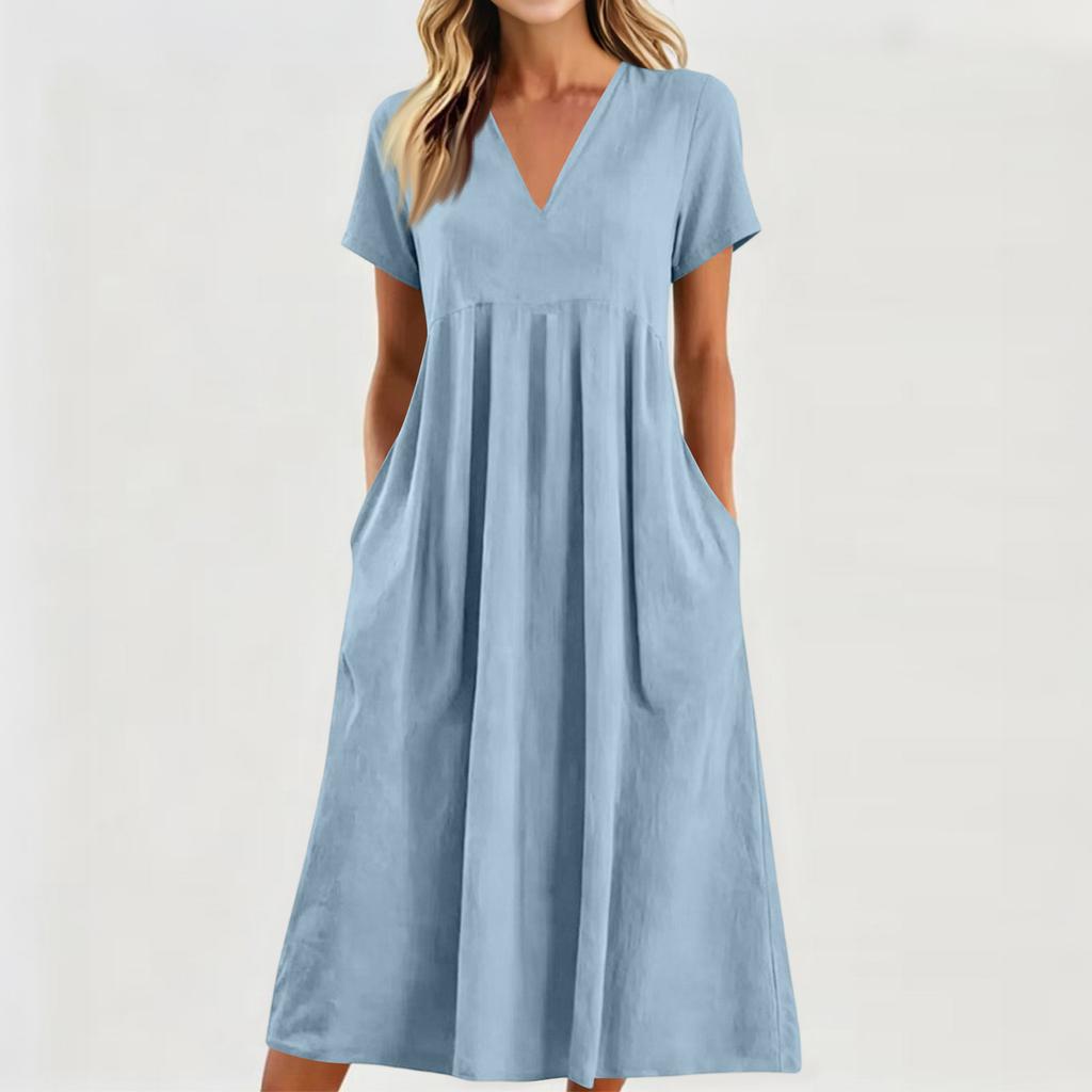 Robe midi décontractée confortable en tissu léger pour femme, col en V, manches courtes, coupe ample, avec poches, robe d'été