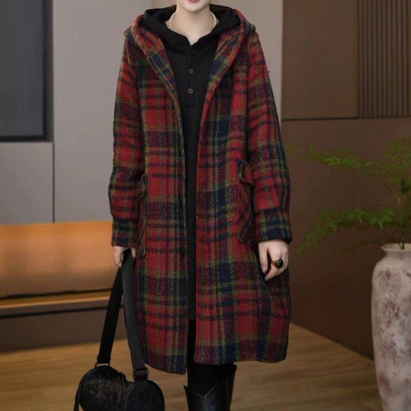 Women's Plaid Tweed Coat Hooded Mid Length Loose Plus Size Autumn Winter