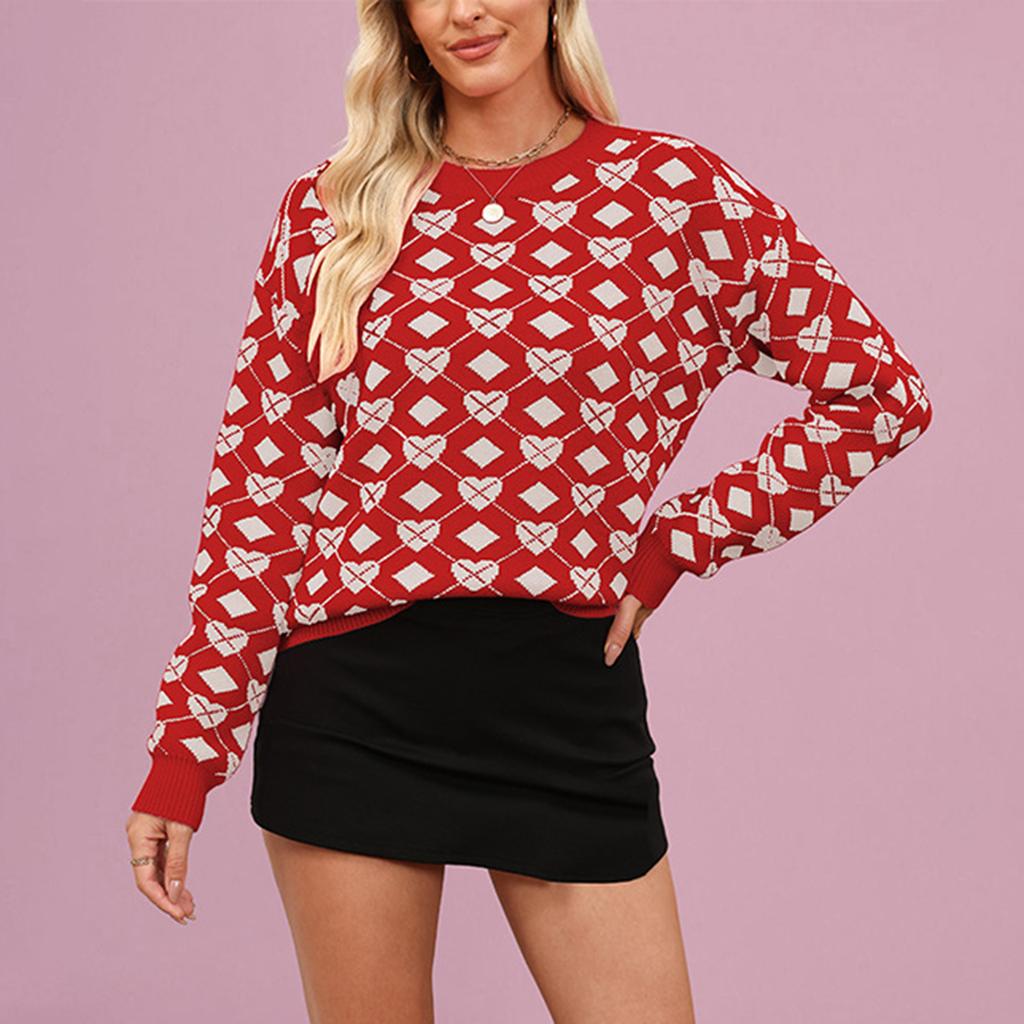 Women's Fashionable Round Neck Long Sleeved Heart-shaped Pullover, Contrasting Color Pullover, Sweater Top