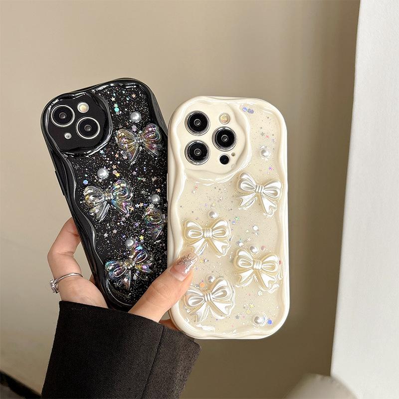 Star Sequin Bow for IPhone 17 Mobile Phone Case for IPhone 15 Promax All-inclusive Anti-fall Cream Wind Soft
