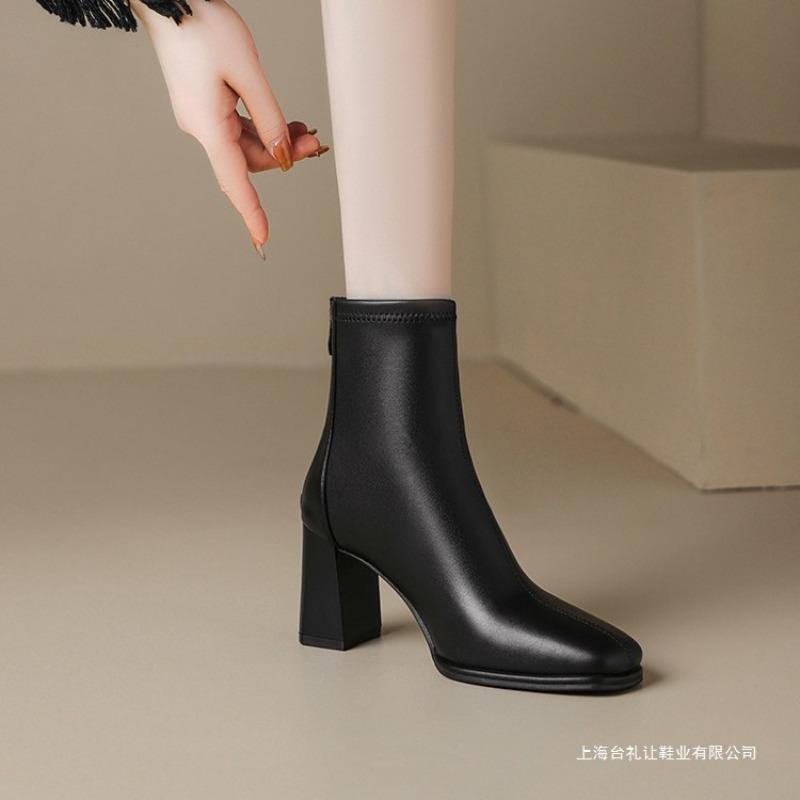 Leather thick heel high heel boots women's autumn and winter velvet new thin boots with skirt white short boots