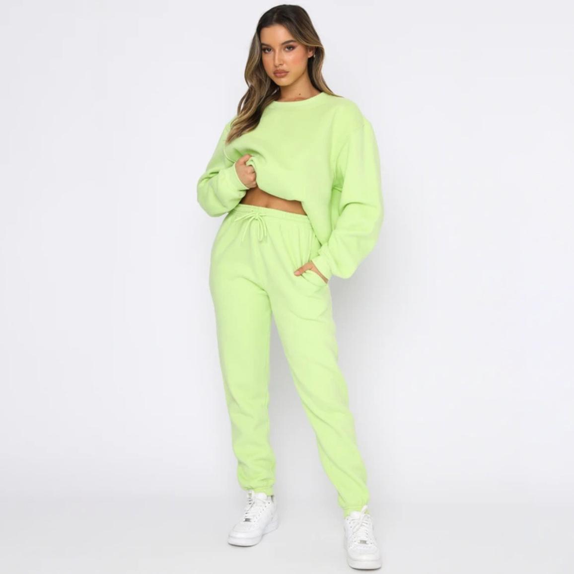 

FiveFive модный укороченный пуловер, повседневный женский свитер, короткий укороченный топ с длинными рукавами и брюки, комплект XXL флуоресцентный зеленый