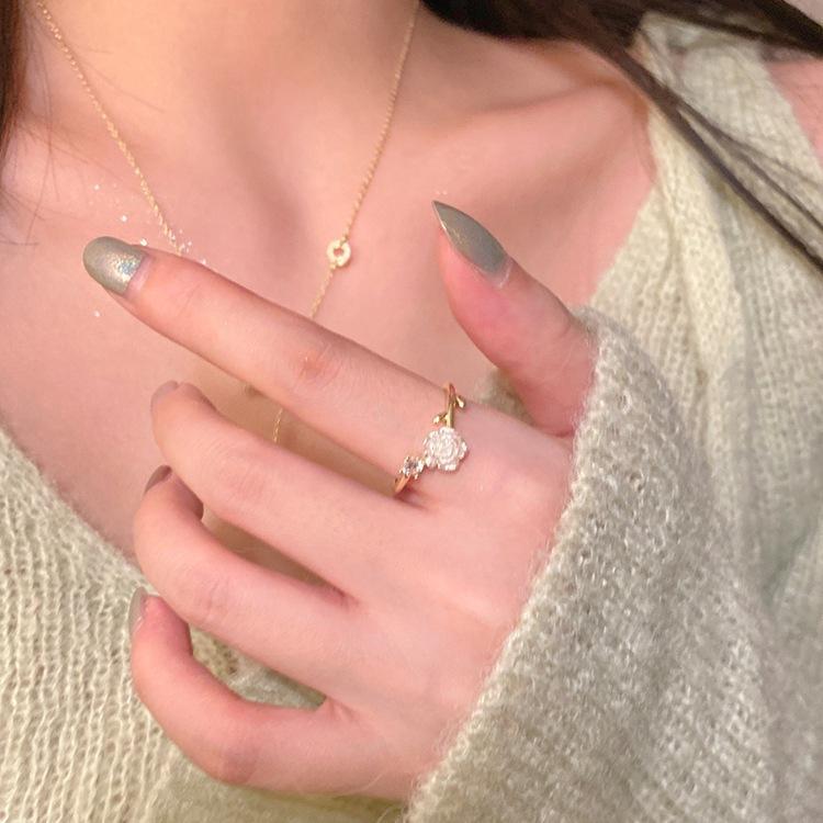 Camellia ring women s opening adjustable design zircon index finger ring 2025 new jewelry adjustable opening