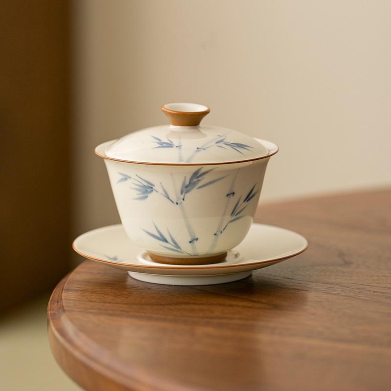 120ml Hand-painted Persimmon Bamboo Cover Bowl Household Anti Scald Gaiwan Handmade Tea Tureen Tea Making Tea Cup Tea Items