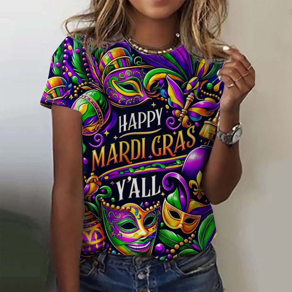 Dámská grafická trička s motivem slavnostní masky Mardi Gras, ležérní letní novinka na dovolenou s klopou a krátkým rukávem, karnevalové oblečení