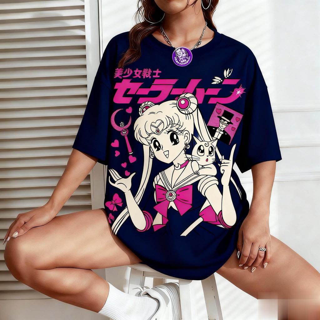 Sailor Moon Anime Print Women Unisex Tshirt Cartoon Short Sleeve Tee Kawaii Summer Oversized Casual Streetwear Cotton