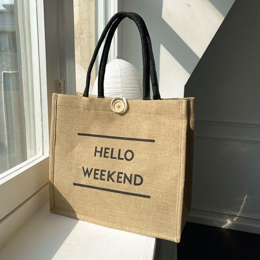

Button Linen Shoulder Bag Large Capacity Linen Handbag simple Casual Tote Bag Picnic style1