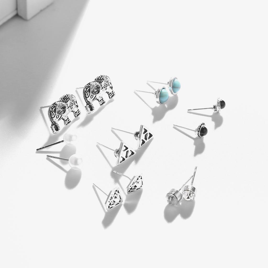 Vintage Earrings, Fashionable Turquoise Elephant Pearl Zircon Combination 8 Pairs Of Earrings