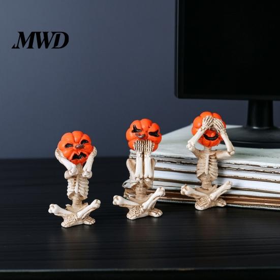 Halloween Skull Figurine 3 Pcs Skeleton Statue, Hear See Speak No Evil Pumpkin Head Gothic Home Decoration Figurine, Resin Spooky Ornament for Mantel,