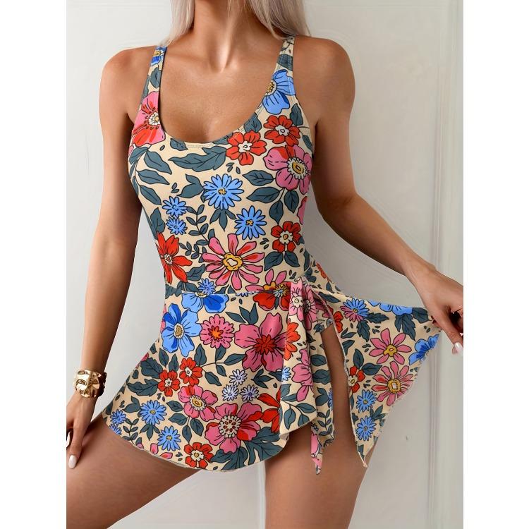 Charming Slit Skirt Knot Flower Design Slim Waist Backless Bikini Swimsuit For Beach Vacation